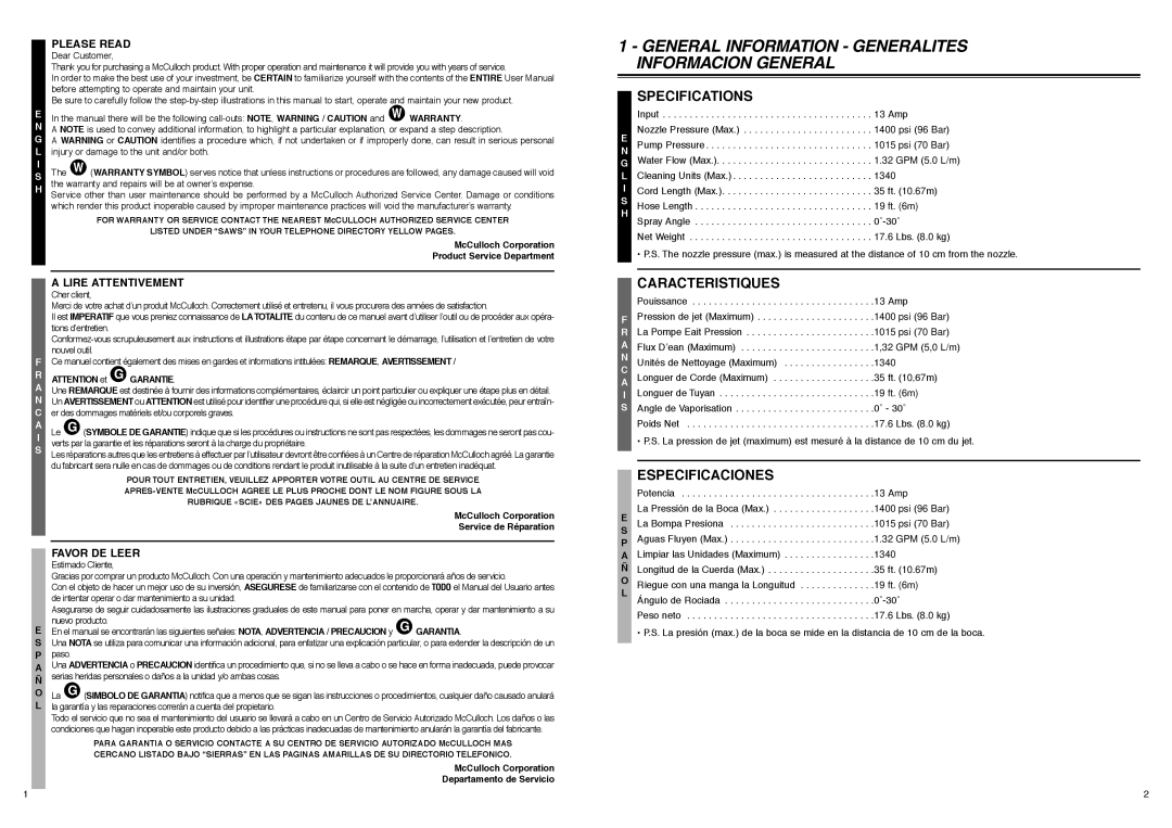 McCulloch CRFH140A, 7096-140A02 user manual Favor DE Leer Estimado Cliente, Nuevo producto 