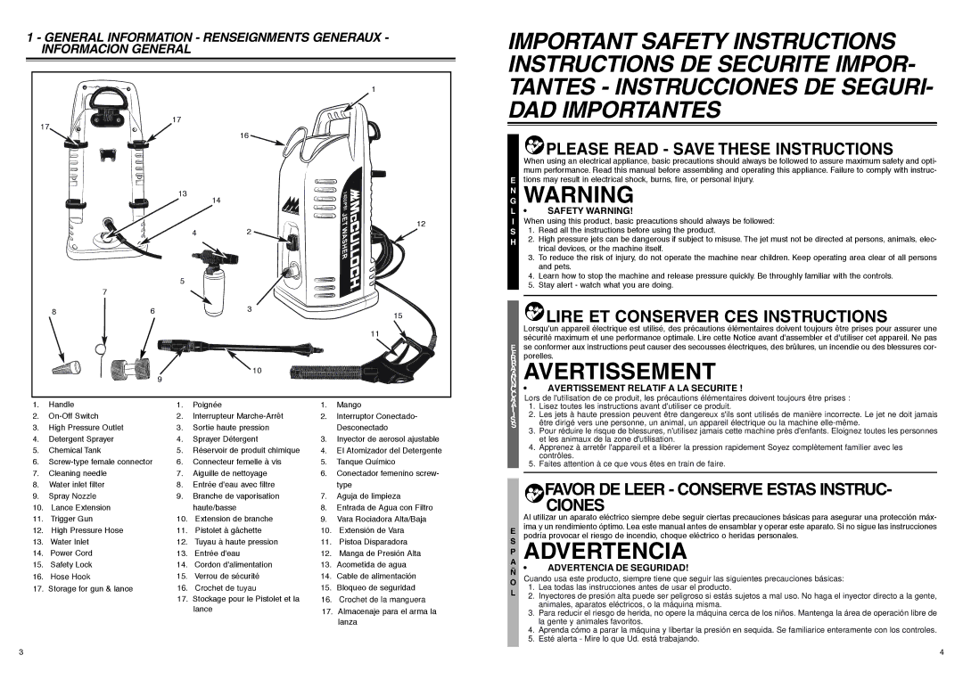 McCulloch 7096-140A02, CRFH140A user manual GN Warning, Advertencia, Safety Warning 