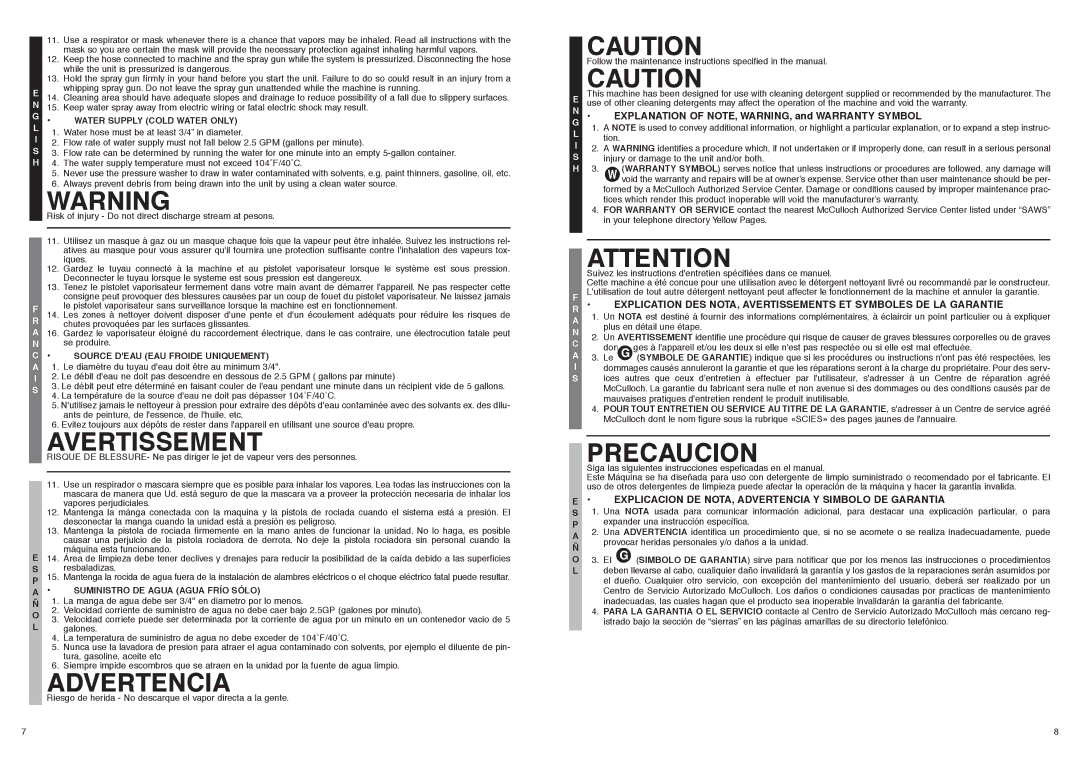 McCulloch 7096-140A02, CRFH140A user manual Precaucion, Explicacion DE NOTA, Advertencia Y Simbolo DE Garantia 