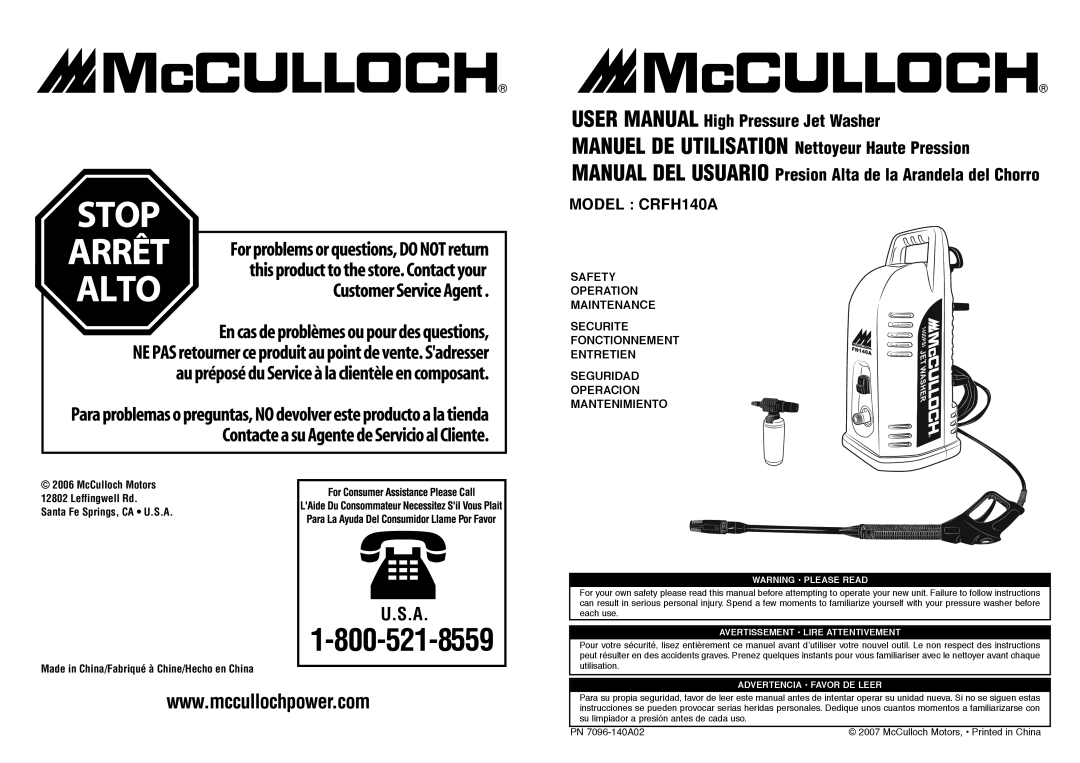 McCulloch 7096-140A02 user manual U.S.A, MODEL CRFH140A, Safety Operation Maintenance, Operacion Mantenimiento 