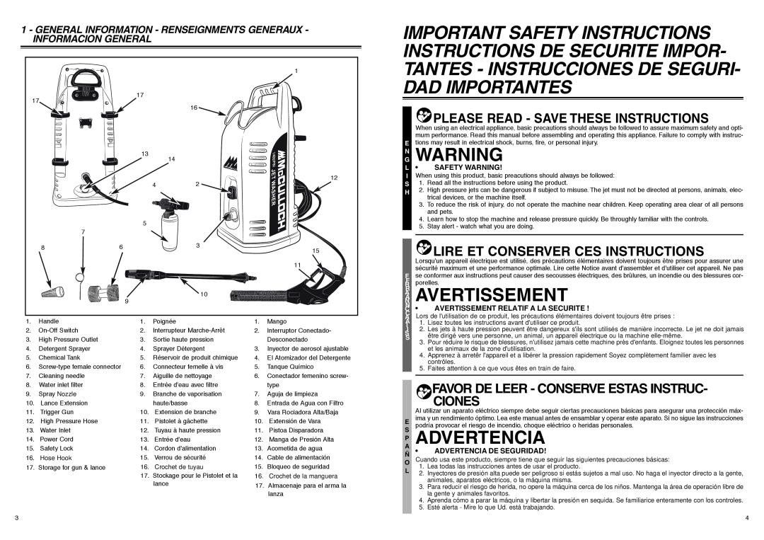 McCulloch 7096-140A02, CRFH140A user manual Gn Warning, P Advertencia, Avertissement, Please Read - Save These Instructions 