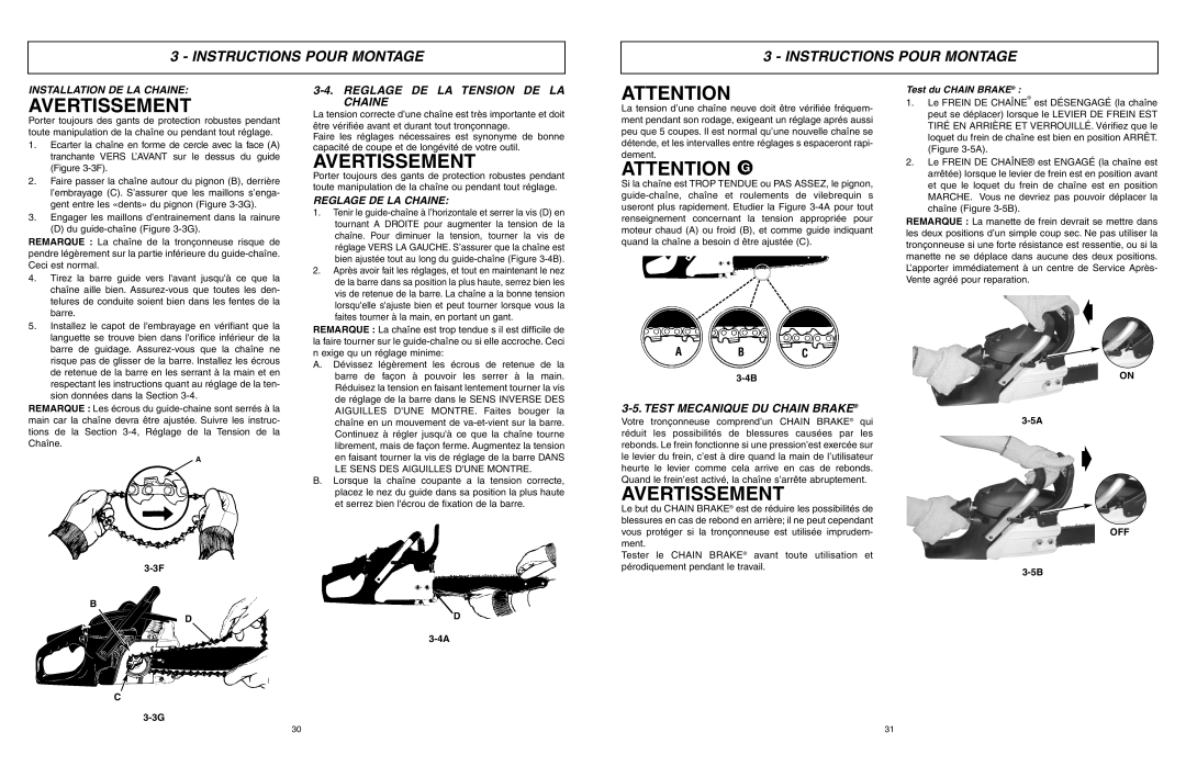 McCulloch EBC1640BK-CA manual Reglage DE LA Tension DE LA Chaine, Test Mecanique DU Chain Brake, Installation DE LA Chaine 