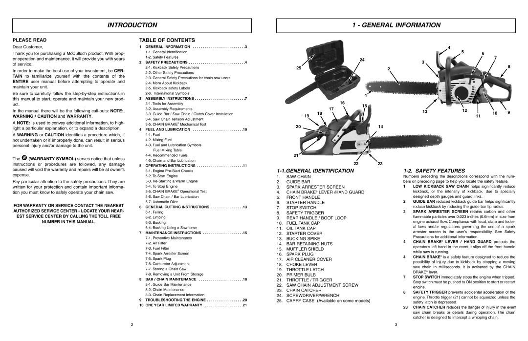 McCulloch MCC1840B, EBC1640BK Introduction General Information, Table of Contents, General Identification, Safety Features 