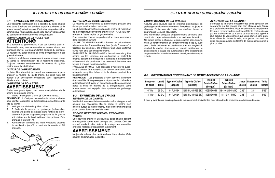 McCulloch EBC1640BK-CA, MCC1840BC, MCC1840B-CA manual Entretien DU GUIDE-CHAÎNE / Chaîne 