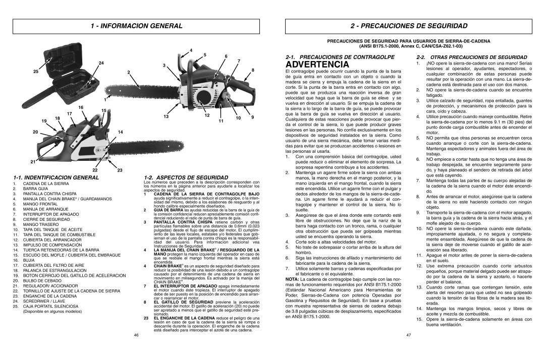 McCulloch MCC1840B-CA, EBC1640BK Advertencia, Informacion General Precauciones DE Seguridad, Precauciones DE Contragolpe 