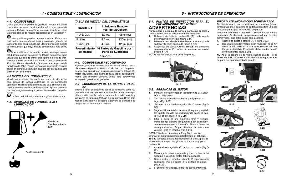 McCulloch MCC1840BC, EBC1640BK-CA, MCC1840B-CA manual Combustible Y Lubricacion Instrucciones DE Operacion 