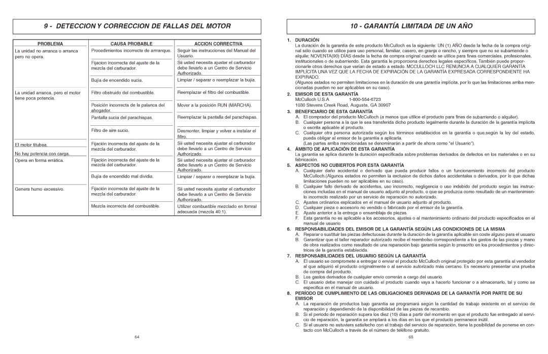 McCulloch MCC1840BC, EBC1640BK-CA manual Problema, Causa Probable, Accion Correctiva, Duración, Emisor DE Esta Garantía 