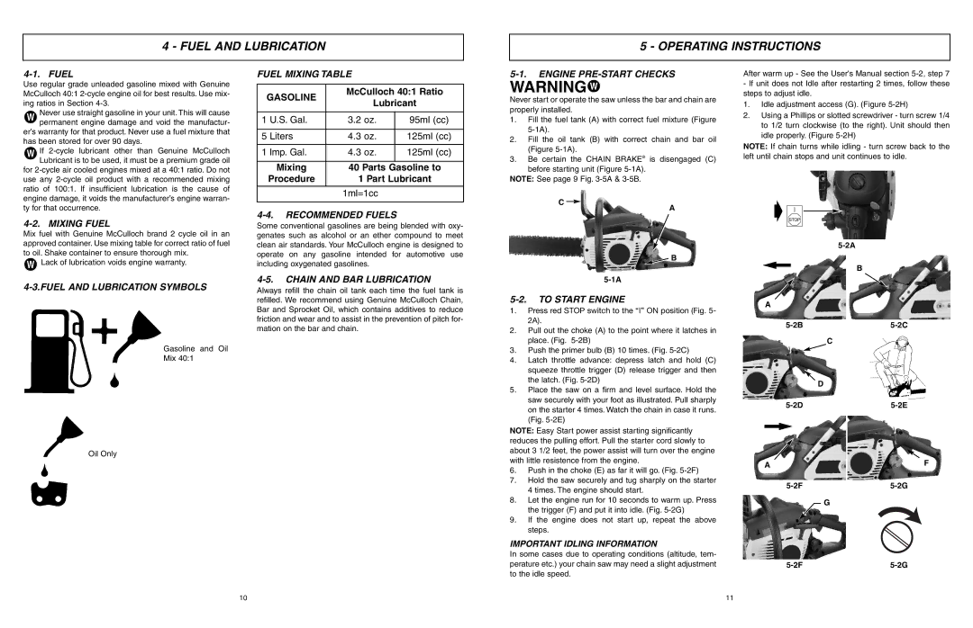 McCulloch EBC1640BK-CA, MCC1840BC, MCC1840B-CA manual Fuel and Lubrication Operating Instructions 