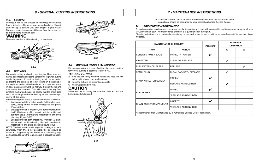 McCulloch MCC1840BC manual General Cutting Instructions Maintenance Instructions, Limbing, Bucking Using a Sawhorse 