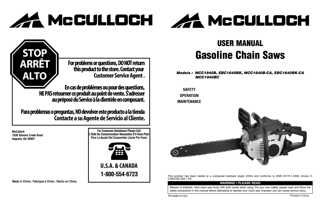 McCulloch EBC1640BK-CA, MCC1840BC, MCC1840B-CA manual Para La Ayuda Del Consumidor Llame Por Favor 