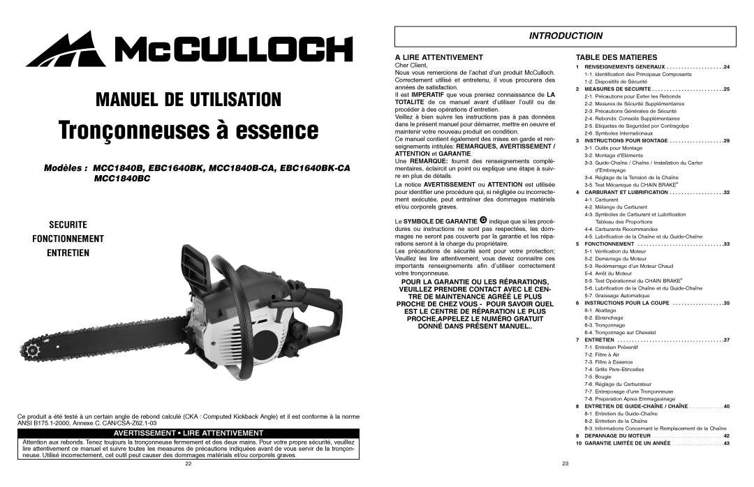 McCulloch MCC1840B manual Tronçonneuses à essence, Manuel De Utilisation, Introductioin, Securite Fonctionnement Entretien 