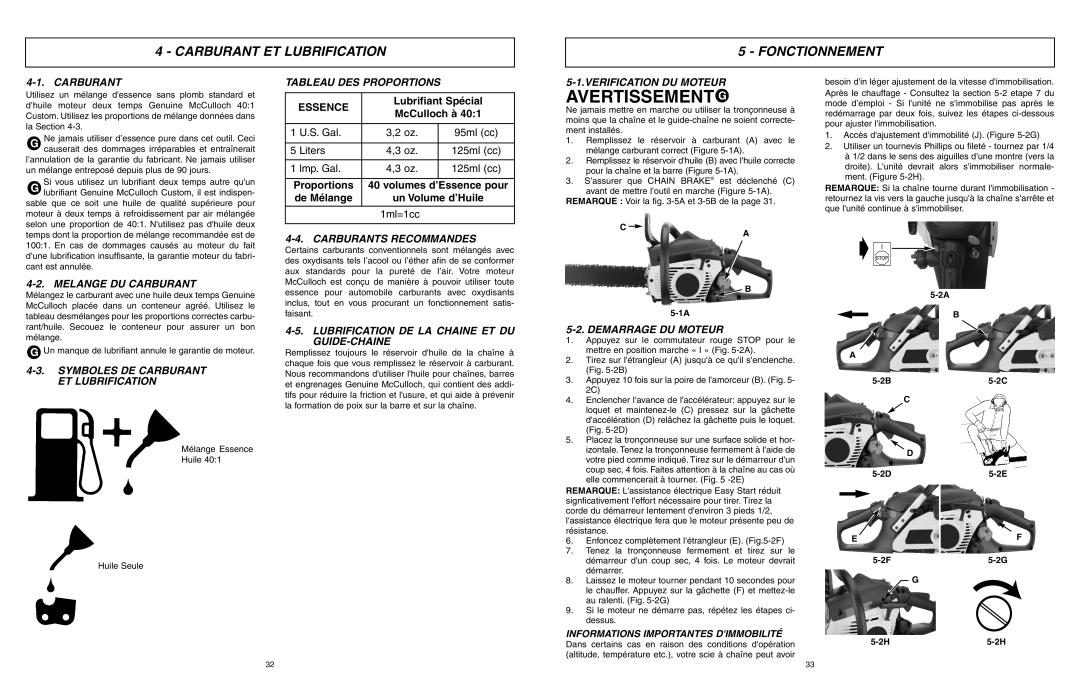 McCulloch MCC1840B Carburant Et Lubrification, Fonctionnement, Melange Du Carburant, Tableau Des Proportions, Essence 