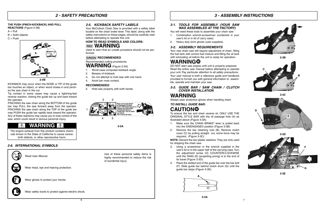 McCulloch MCC1840B-CA Red Warning, Cautiond, Assembly Instructions, Kickback Safety Labels, Tools For Assembly Your Saw 