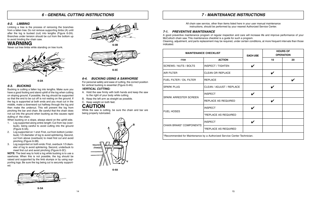 McCulloch MCC1840BC, EBC1640BK Maintenance Instructions, Limbing, Bucking Using A Sawhorse, Preventive Maintenance 