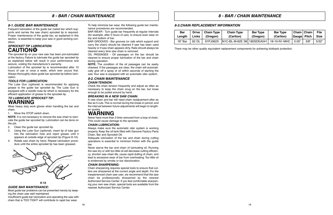 McCulloch EBC1840DK user manual BAR / Chain Maintenance, Guide BAR Maintenance, Chain Replacement Information 