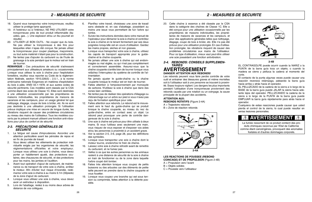 McCulloch EBC1840DK user manual Précautions Générales DE Sécurité, Rebonds Conseils Supplemen Taires 