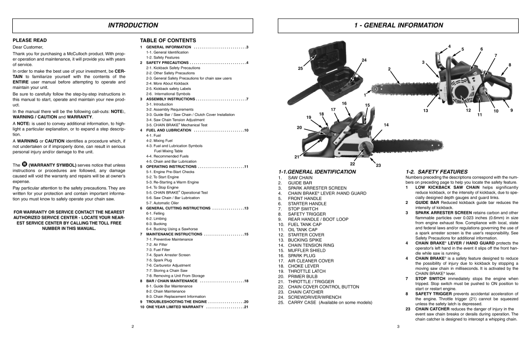 McCulloch EBC1840DK Introduction General Information, Table of Contents, General Identification, Safety Features 