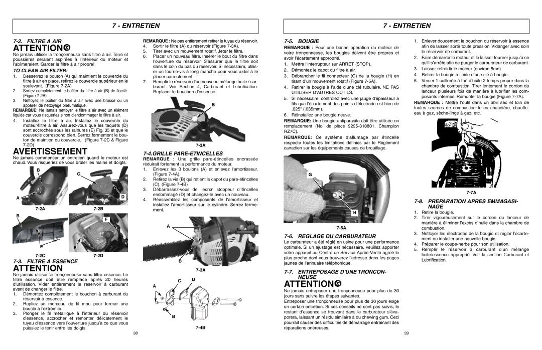 McCulloch EBC1840DK user manual Filtre a AIR, Filtre a Essence, Grille PARE-ETINCELLES, Bougie, Reglage DU Carburateur 