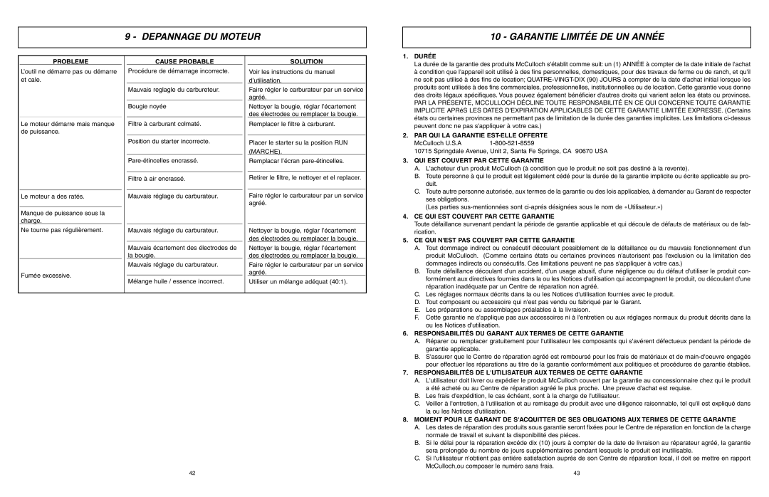 McCulloch EBC1840DK user manual Depannage DU Moteur Garantie Limitée DE UN Année 