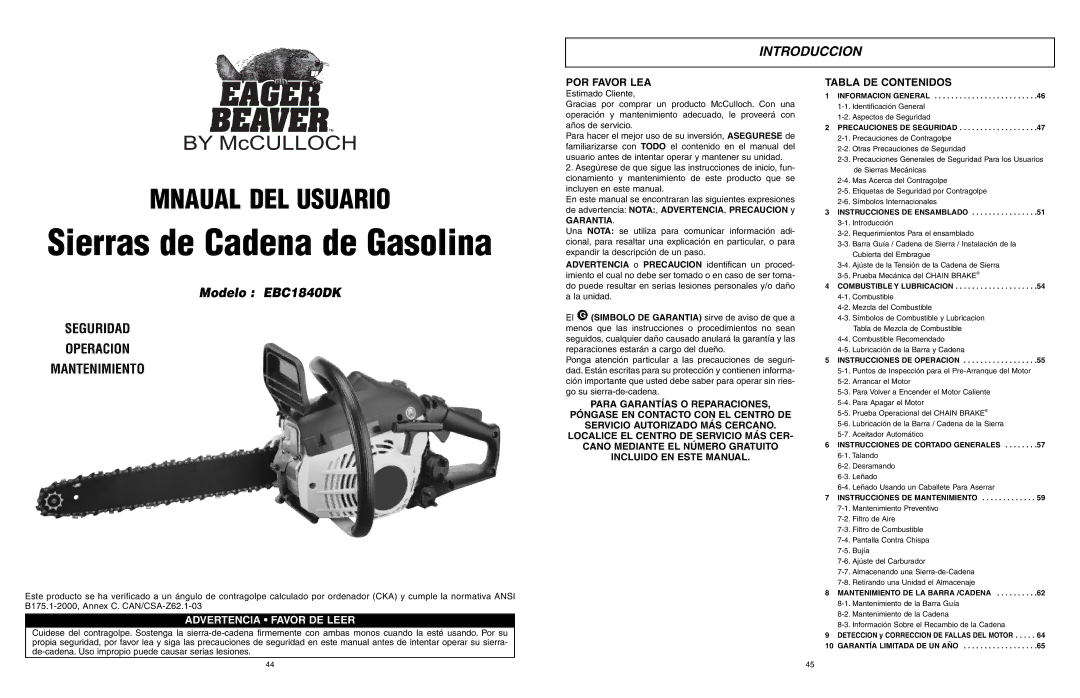 McCulloch EBC1840DK user manual Introduccion, POR Favor LEA, Tabla DE Contenidos, Garantia 