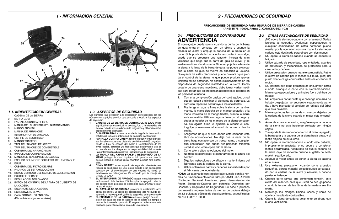 McCulloch EBC1840DK user manual Advertencia, Informacion General Precauciones DE Seguridad, Precauciones DE Contragolpe 