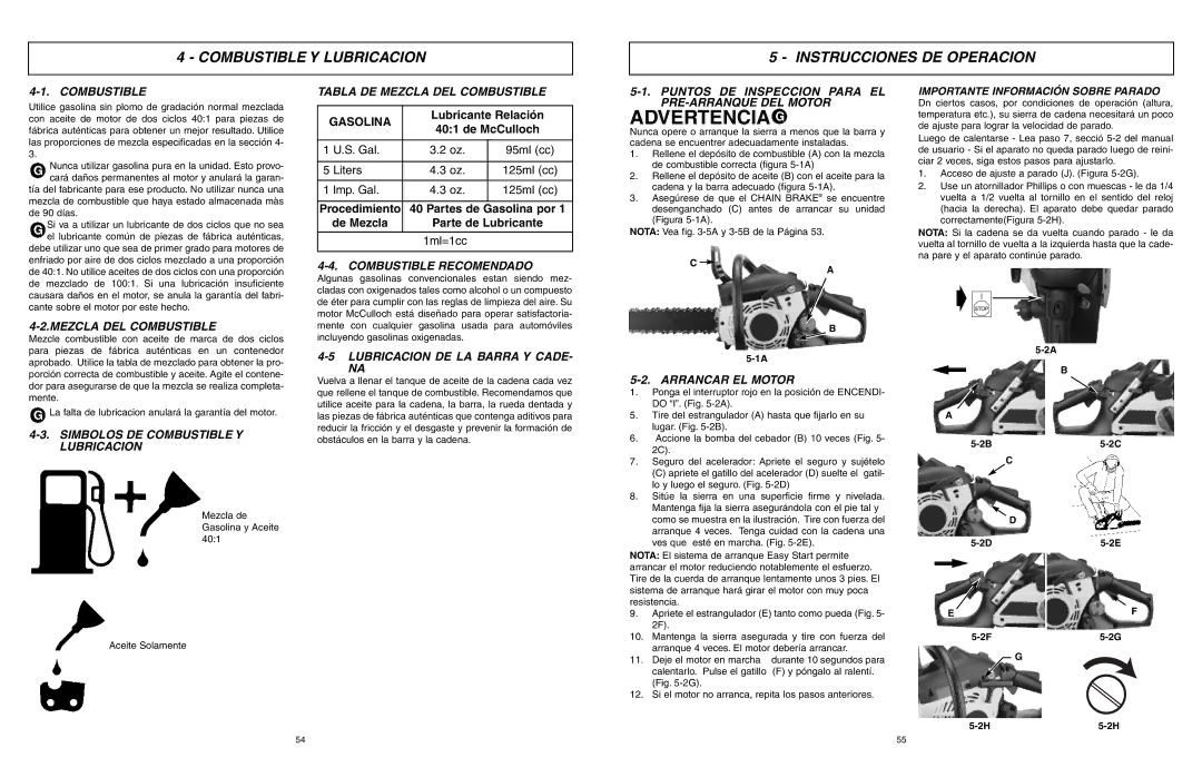 McCulloch EBC1840DK user manual Combustible Y Lubricacion Instrucciones DE Operacion 