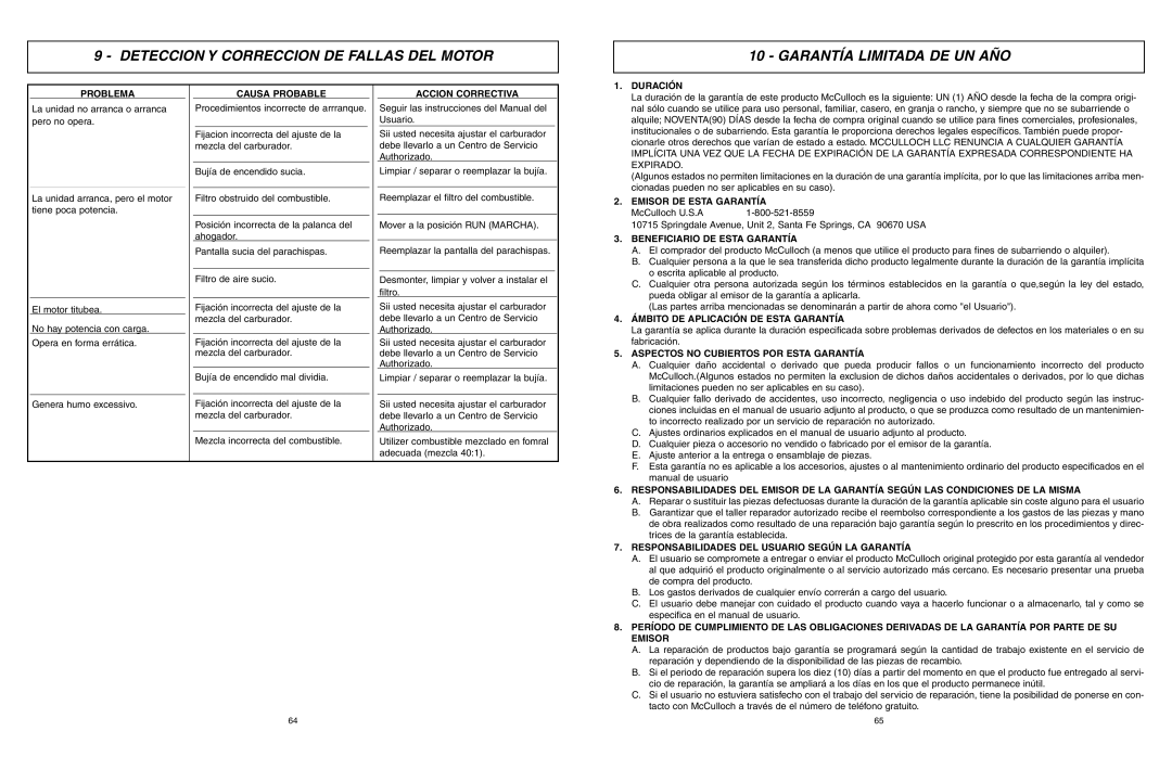 McCulloch EBC1840DK user manual Problema, Causa Probable, Accion Correctiva, Duración, Emisor DE Esta Garantía 