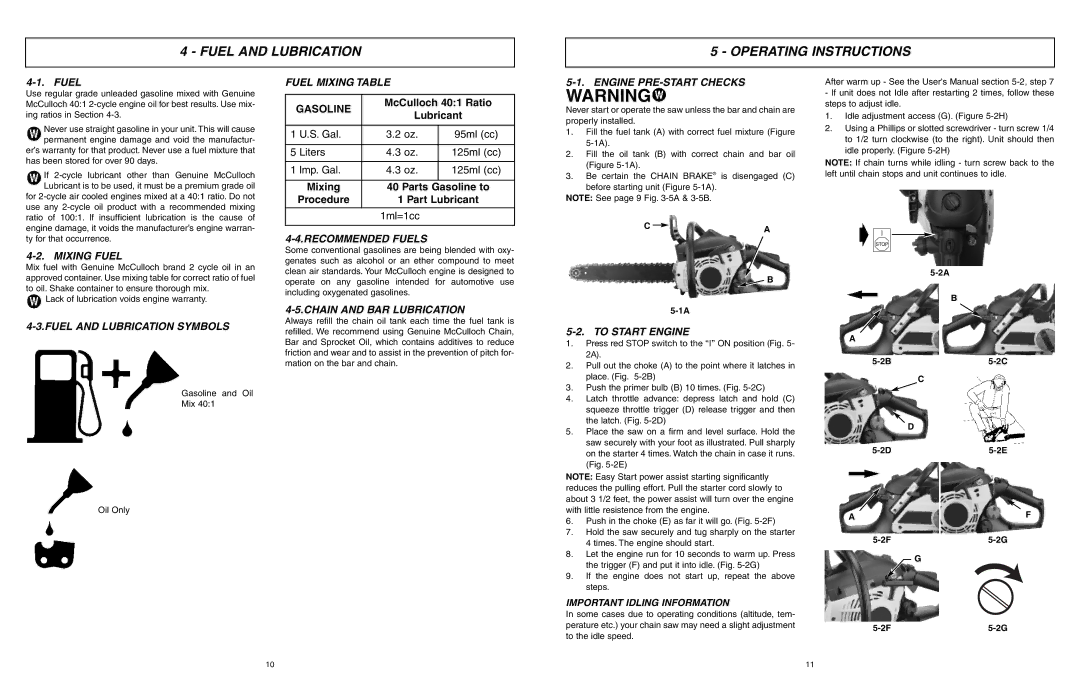 McCulloch EBC1840DK user manual Fuel and Lubrication Operating Instructions 