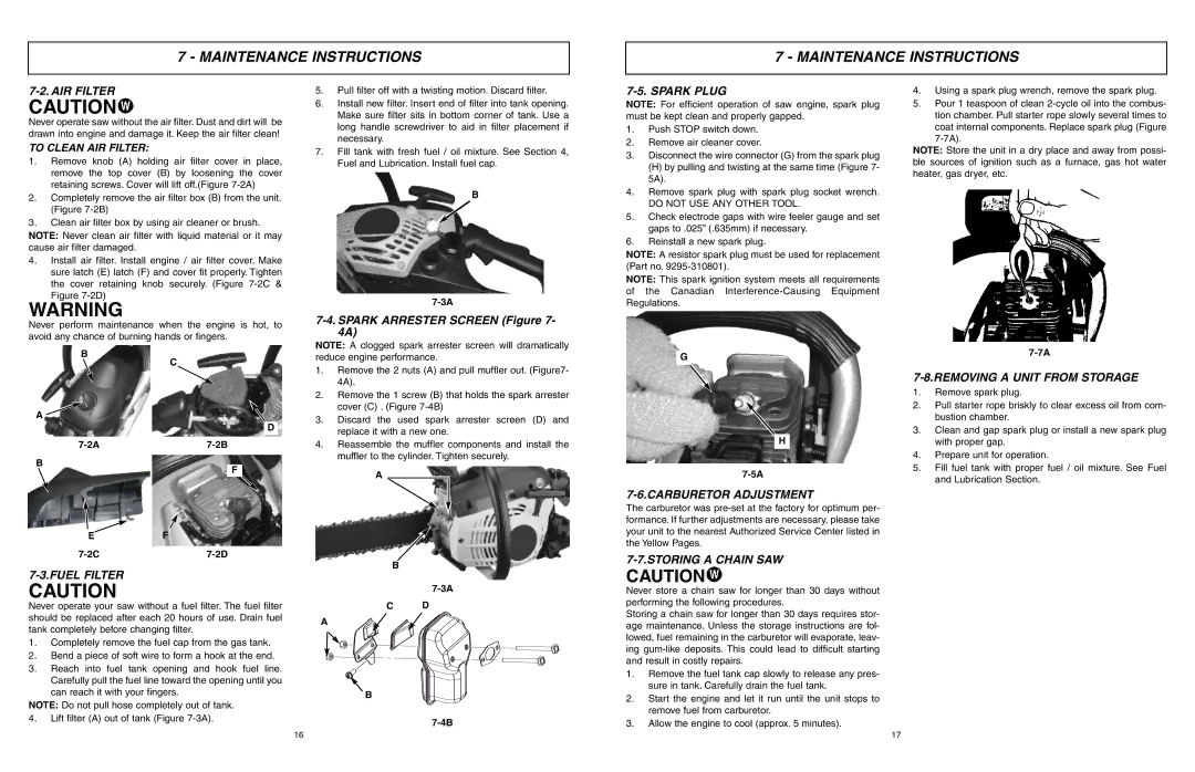 McCulloch EBC1840DK user manual AIR Filter, Spark Plug, Fuel Filter, Carburetor Adjustment, Storing a Chain SAW 