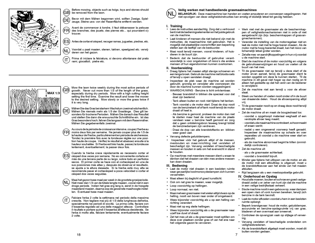 McCulloch 96141020000 Veilig werken met handbediende grasmaaimachines, MAX 1/3, II. Voorbereiding, III. Bediening 