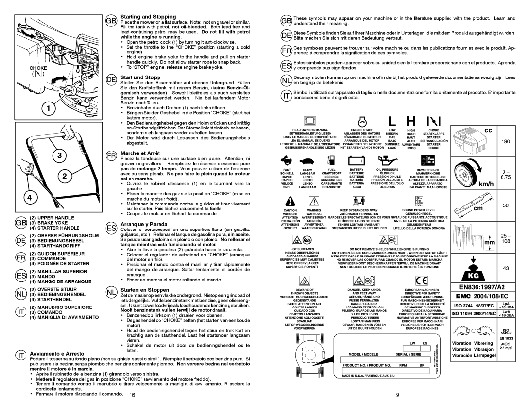 McCulloch EDITION 1XXL Avviamento e Arresto Starting and Stopping, Start und Stopp, Marche et Arrêt, Arranque y Parada 