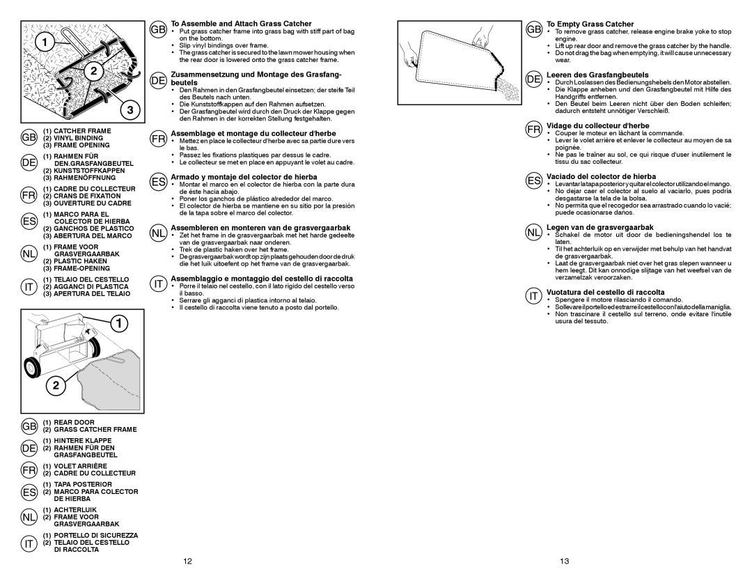 McCulloch EDITION 1XXL-R manual To Assemble and Attach Grass Catcher, Zusammensetzung und Montage des Grasfang- beutels 