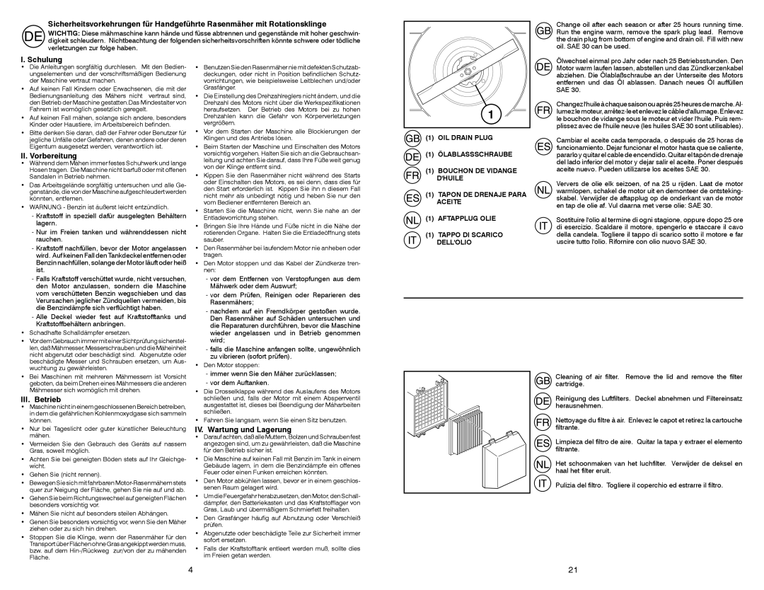 McCulloch EDITION 1XXL-R, 96141020200 manual Schulung, II. Vorbereitung, III. Betrieb, IV. Wartung und Lagerung 