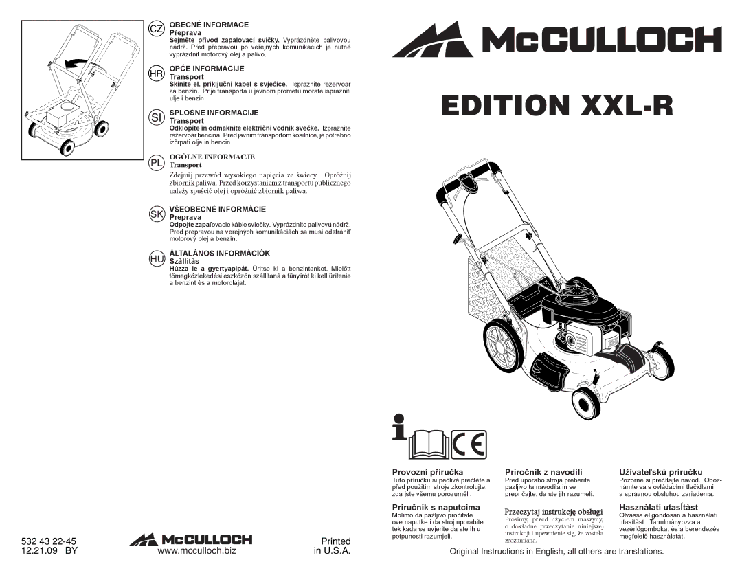 McCulloch 96141023200, Edition XXL-R manual Přeprava, Transport, Preprava, HU ÁLTALÁNOSSzàllìtàs Információk 