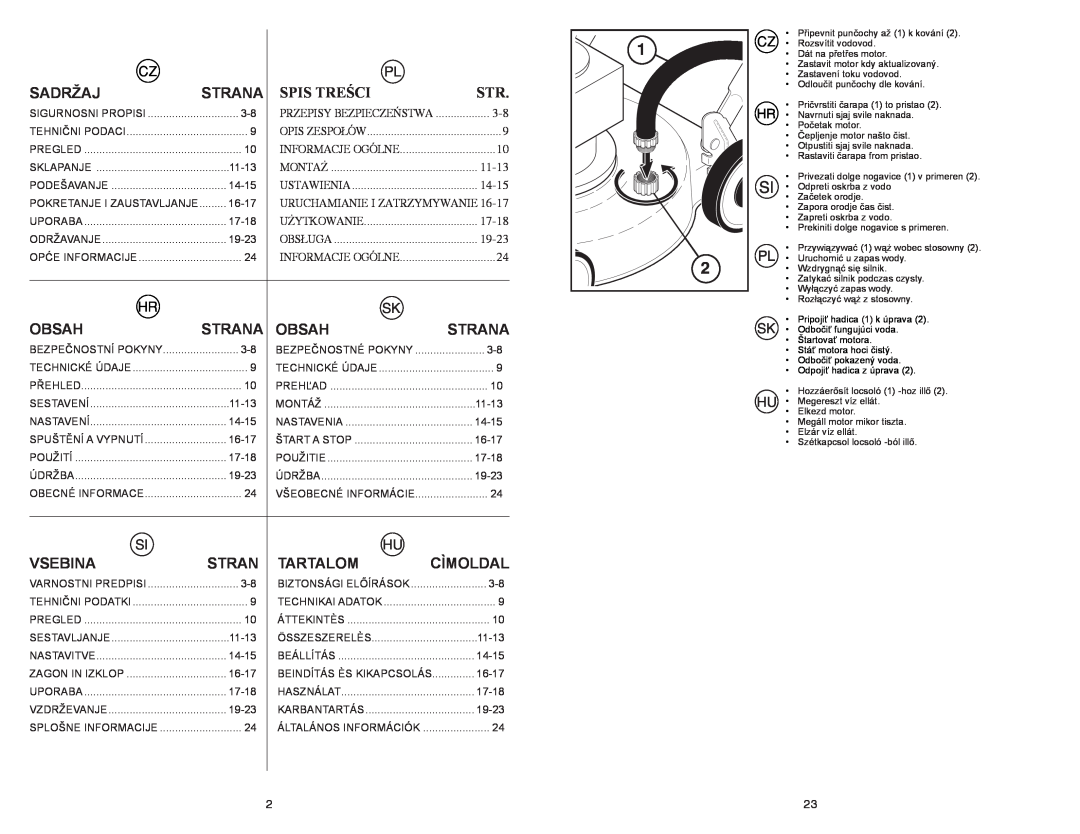 McCulloch Edition XXL-R manual 11-13, 14-15, 17-18, 19-23, Sadržaj, Strana, Spis Treści, Obsah, Vsebina, Tartalom, Cìmoldal 