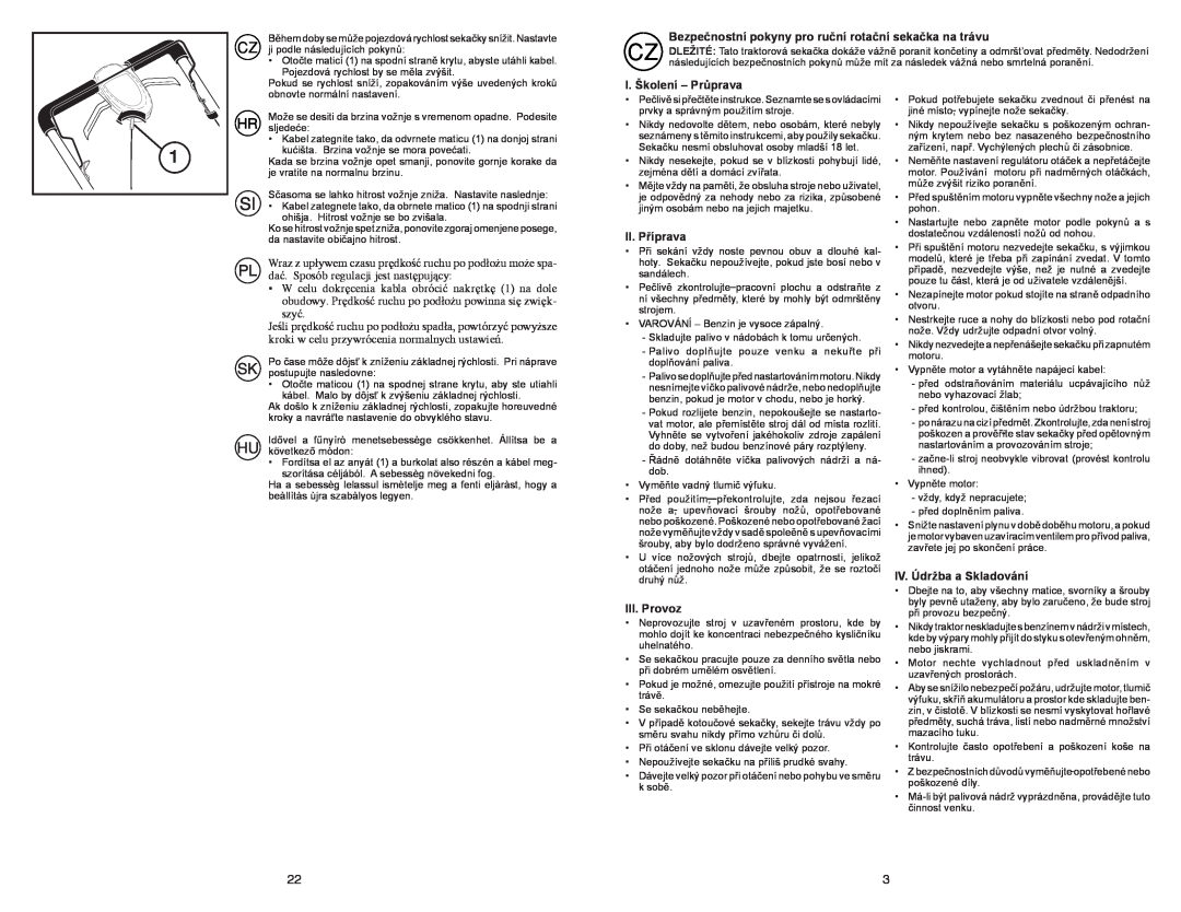 McCulloch 96141023200 manual Bezpečnostní pokyny pro ruční rotační sekačka na trávu, I. Školení - Průprava, II. Příprava 