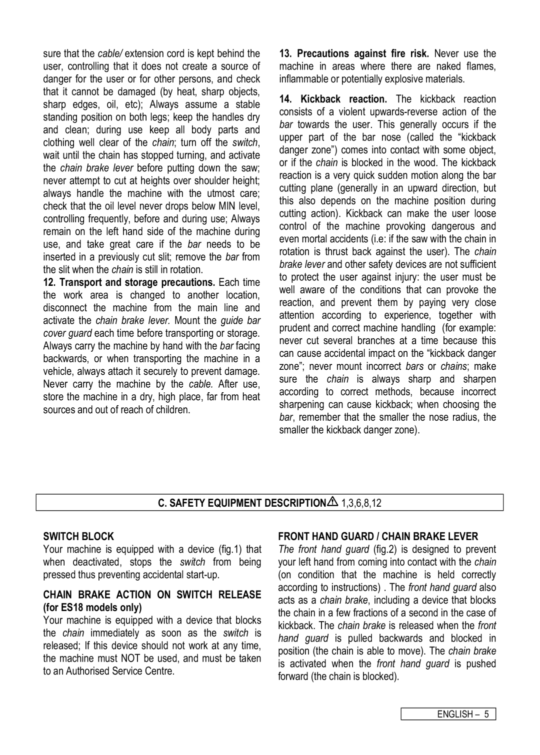 McCulloch EL1641, ESV1816, ESV1750-14, ESV1414, ESV1914, ESR1750-14, EL35 Safety Equipment Description 1,3,6,8,12 Switch Block 