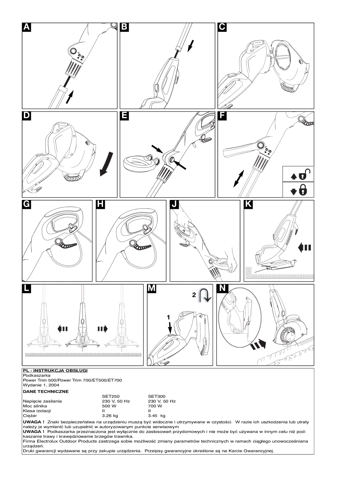 McCulloch 96487036200, ET500, ET700, 96487026200 manual PL Instrukcja Obsługi, Dane Techniczne 