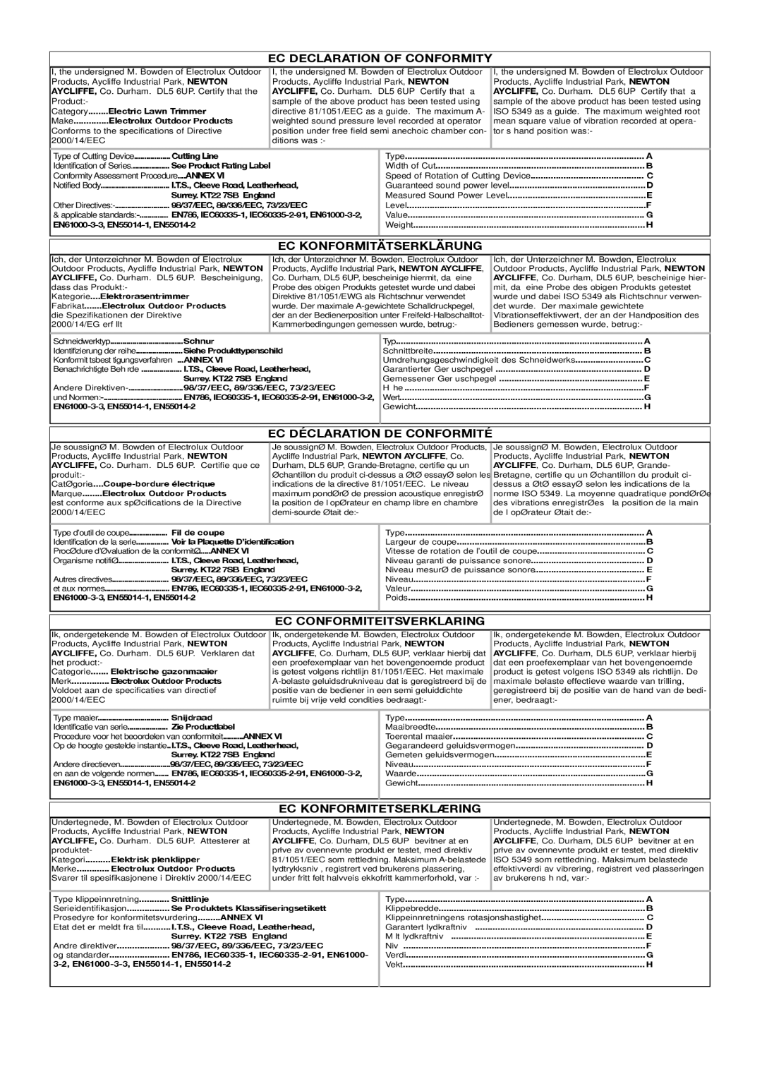 McCulloch ET700, ET500, 96487026200 EC Declaration of Conformity, EC Konformitätserklärung, EC Déclaration DE Conformité 