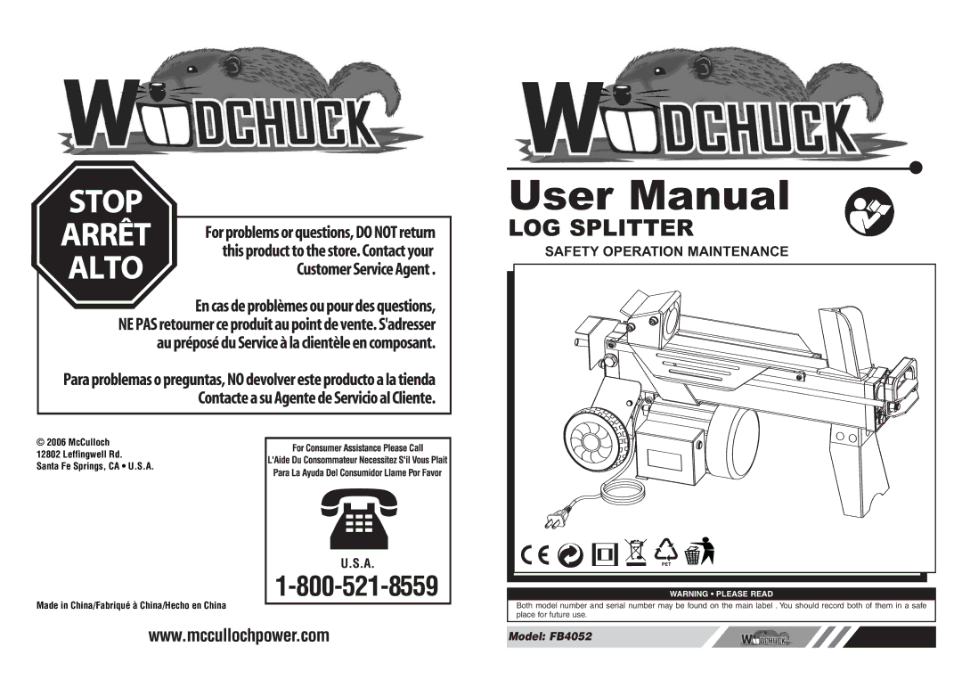 McCulloch FB4052 user manual LOG Splitter, Safety Operation Maintenance 