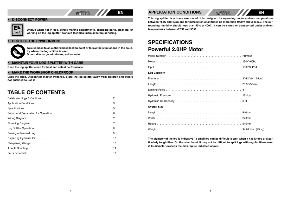 McCulloch FB4052 user manual Table of Contents, Specifications 