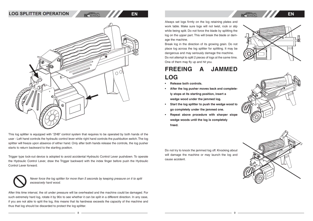 McCulloch FB4052 user manual Freeing a Jammed LOG, LOG Splitter Operation 