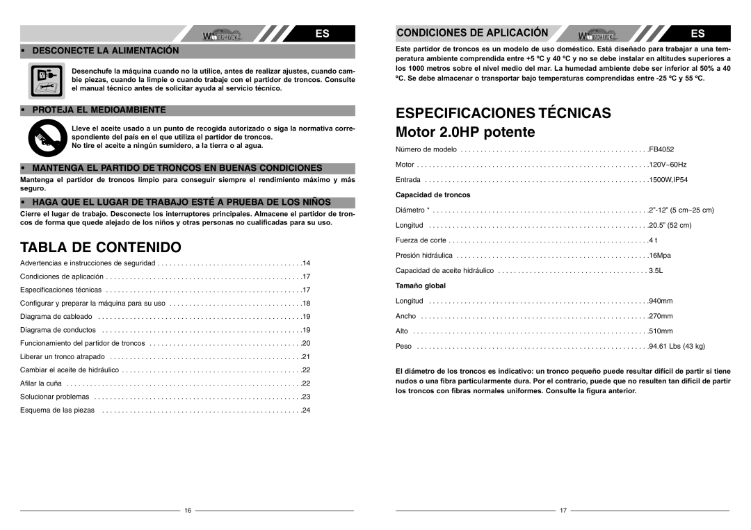 McCulloch FB4052 Tabla DE Contenido, Especificaciones Técnicas, Desconecte LA Alimentación, Proteja EL Medioambiente 