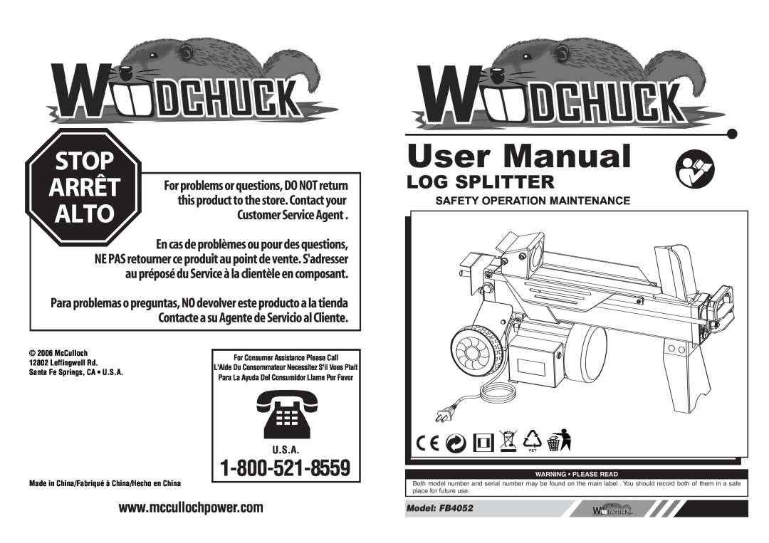 McCulloch user manual Log Splitter, Safety Operation Maintenance, Model FB4052, Warning Please Read 