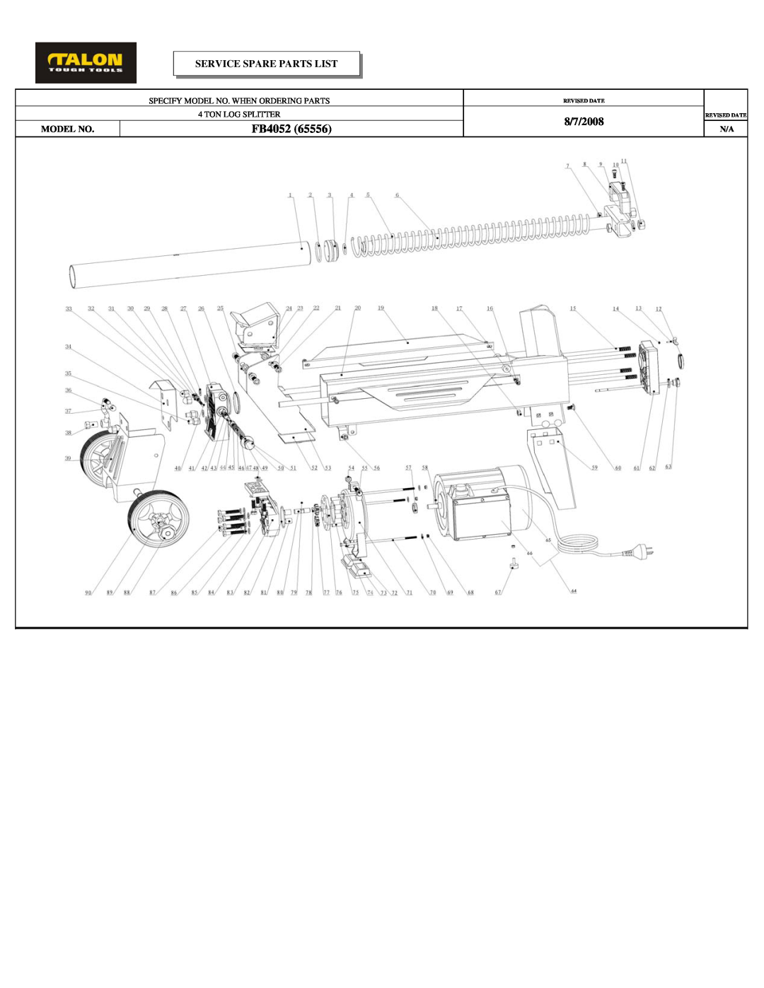 McCulloch FB4052 Service Spare Parts List, Specify Model No. When Ordering Parts, Ton Log Splitter, Revised Date 
