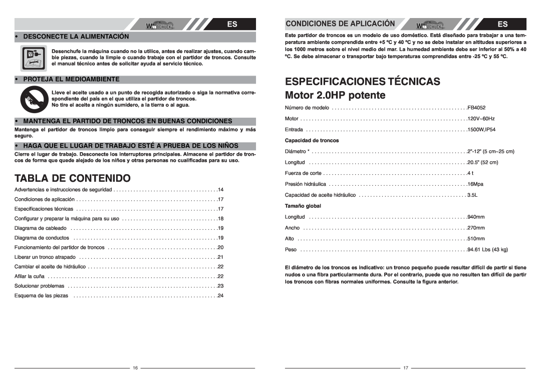 McCulloch FB4052 user manual Tabla De Contenido, ESPECIFICACIONES TÉCNICAS Motor 2.0HP potente, Condiciones De Aplicación 