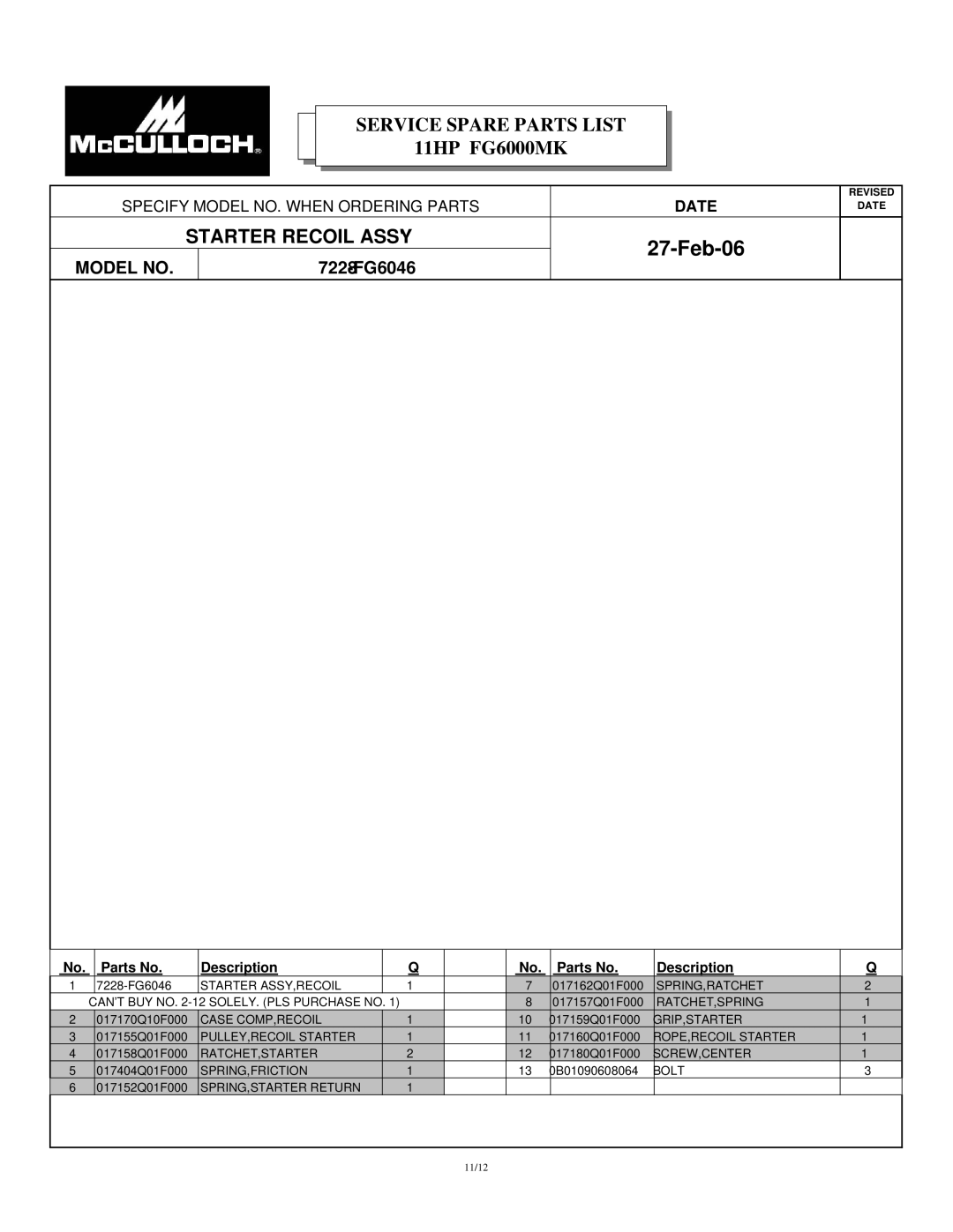 McCulloch FG6000MKUD-C manual Starter Recoil Assy 