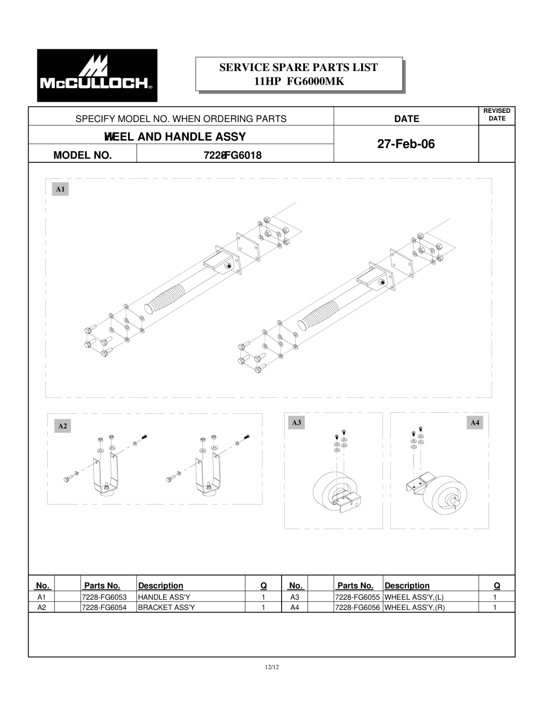 McCulloch FG6000MKUD-C manual Wheel and Handle Assy 