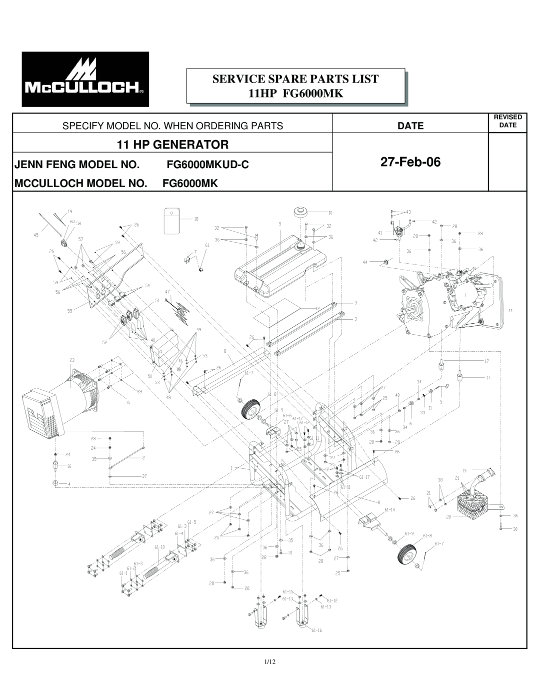 McCulloch FG6000MKUD-C manual Hp Generator, Jenn Feng Model No, Mcculloch Model No, Specify Model No. When Ordering Parts 