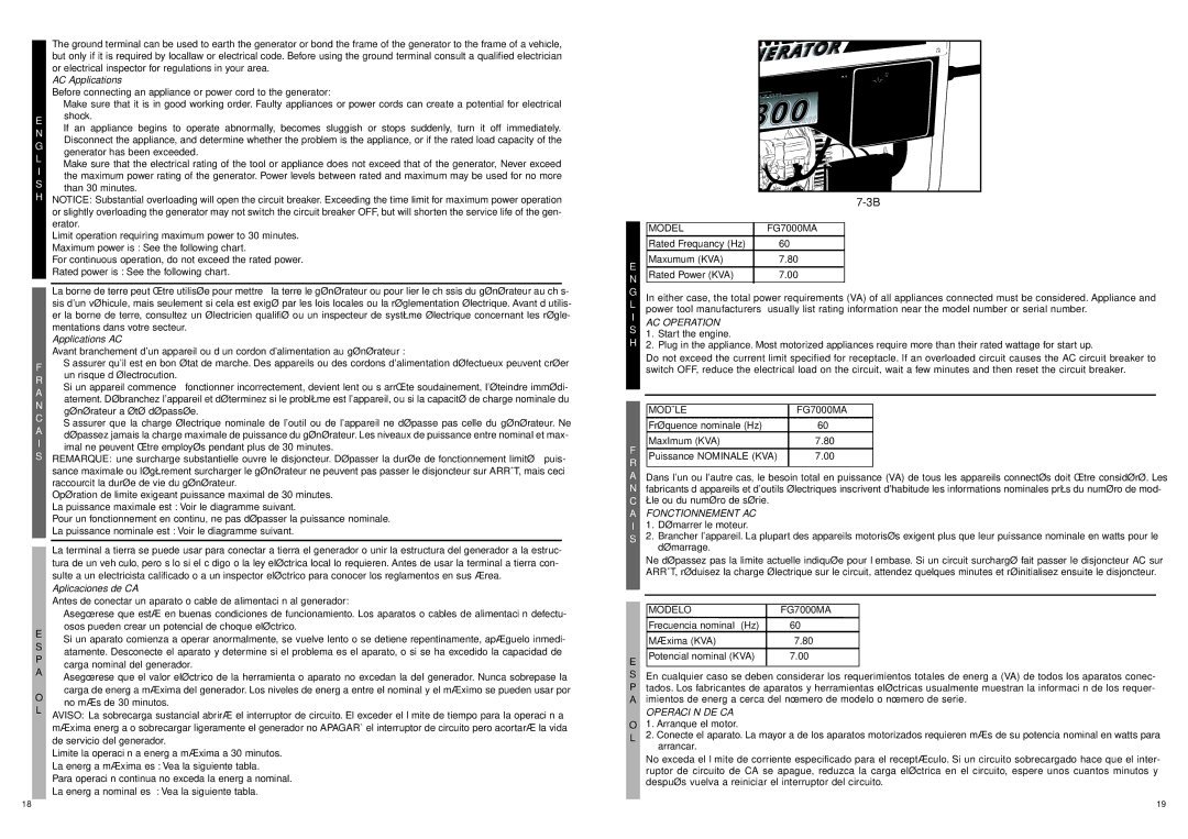 McCulloch FG7000MA, 7096-FG7008 user manual AC Operation 